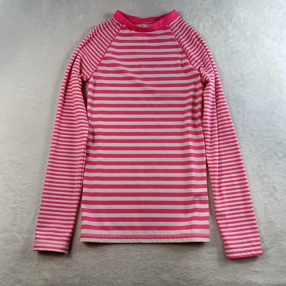 Boden 15 16 Youth Rash Guard Long Sleeve Swim Top Pink White Striped UPF 40+‎